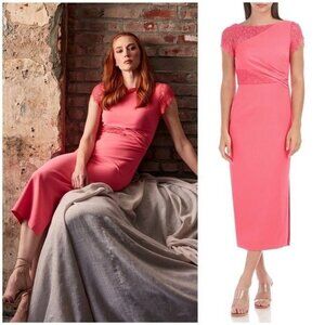 New JS Collections Illusion Boat Neck Lace Insert Short Sleeve Sheath Dress 4